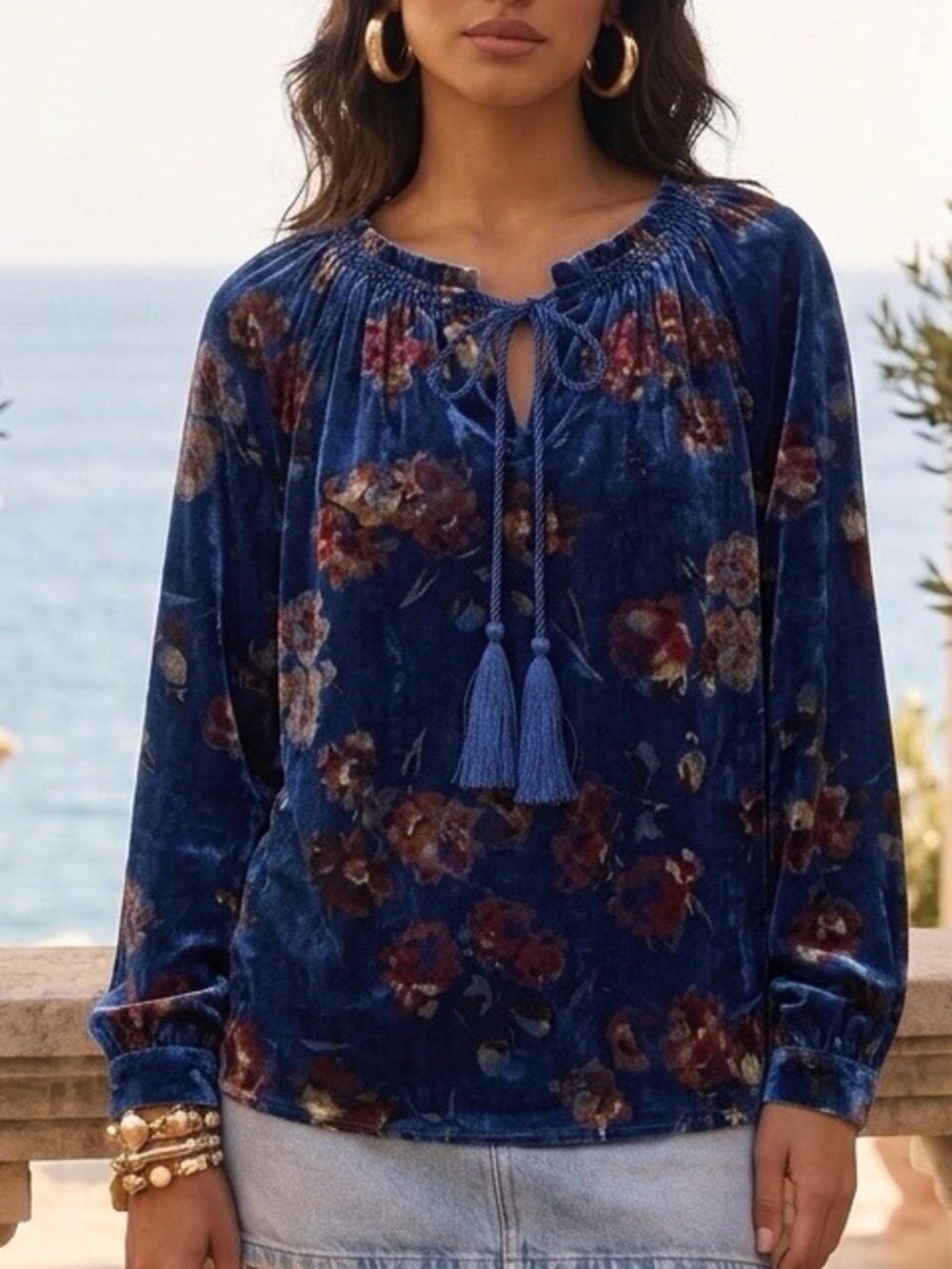Sundance Velvet Silk Blend Floral Blouse Blue M NWOT